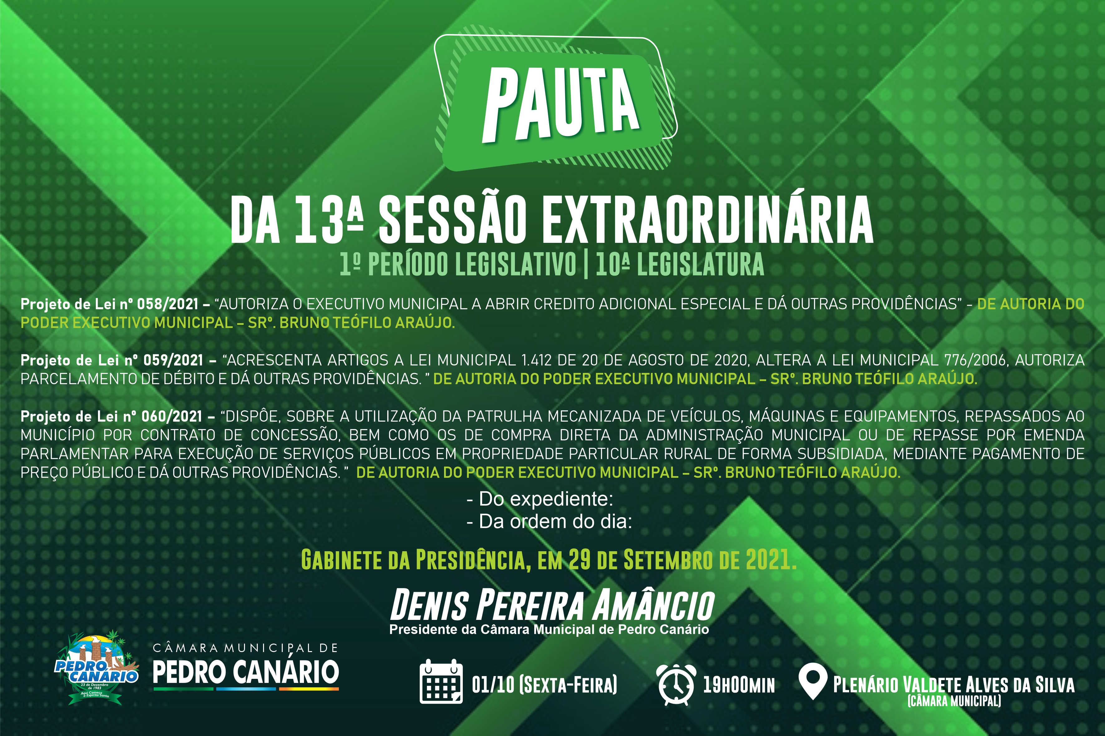 PAUTA DA 13ª SESSÃO EXTRAORDINÁRIA