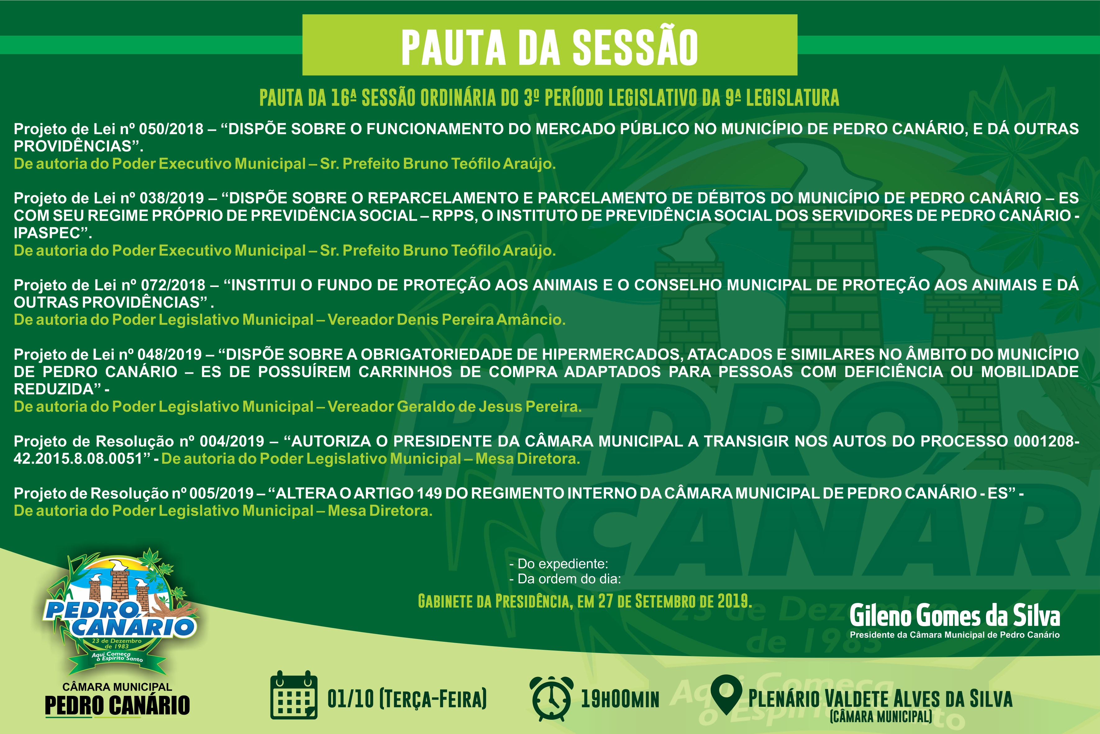 Pauta da 16ª Sessão Ordinária