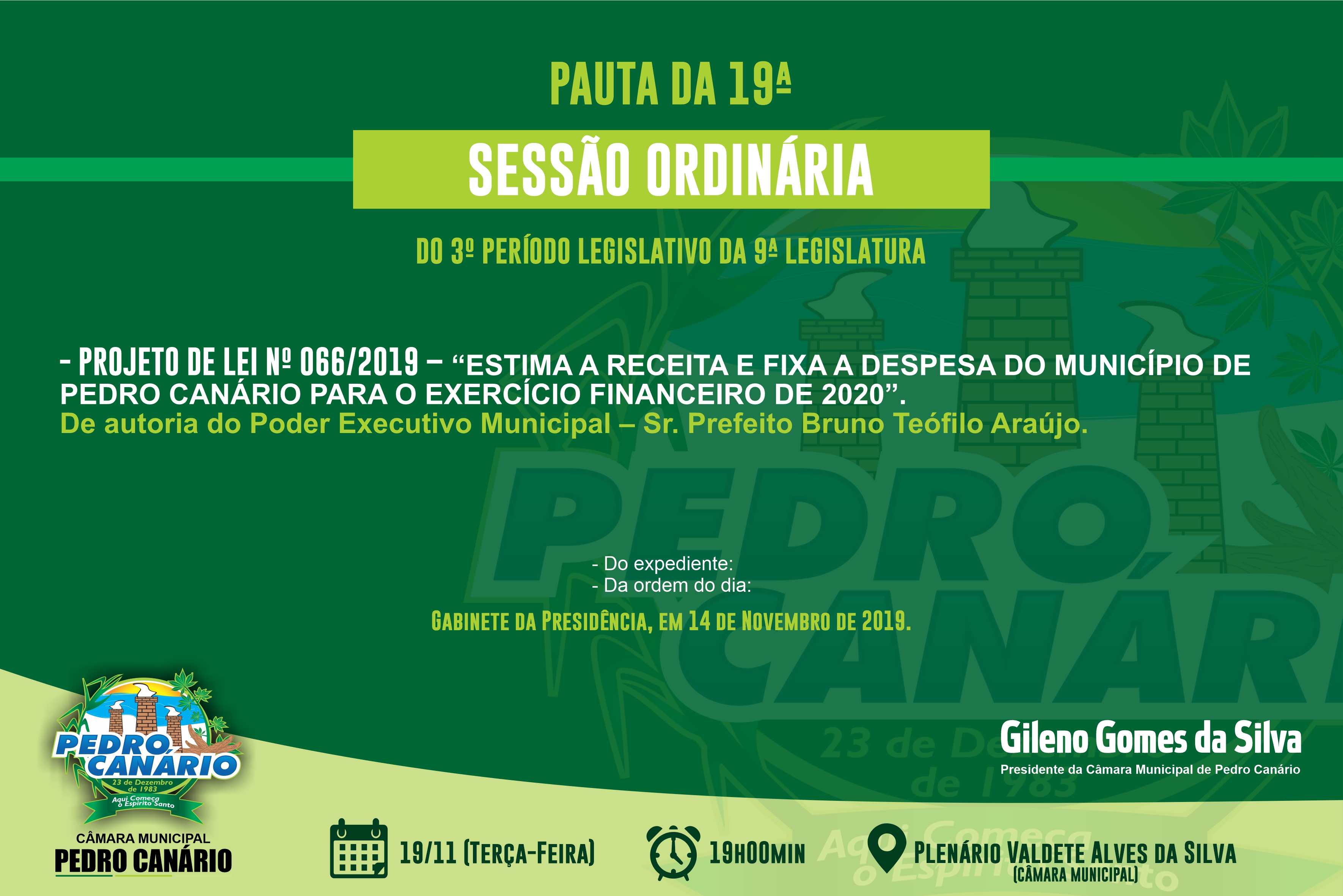 Pauta da 19ª Sessão Ordinária